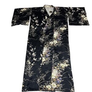 Vintage 1980s AMITA Japan 100% Silk Kimono Robe Black Floral Gold NWT Sash